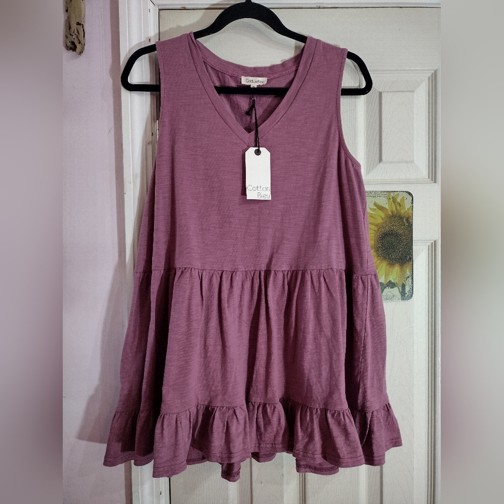 COTTON BLEU Womens Purple Crew Neck Ruffle Tank Top Size Small